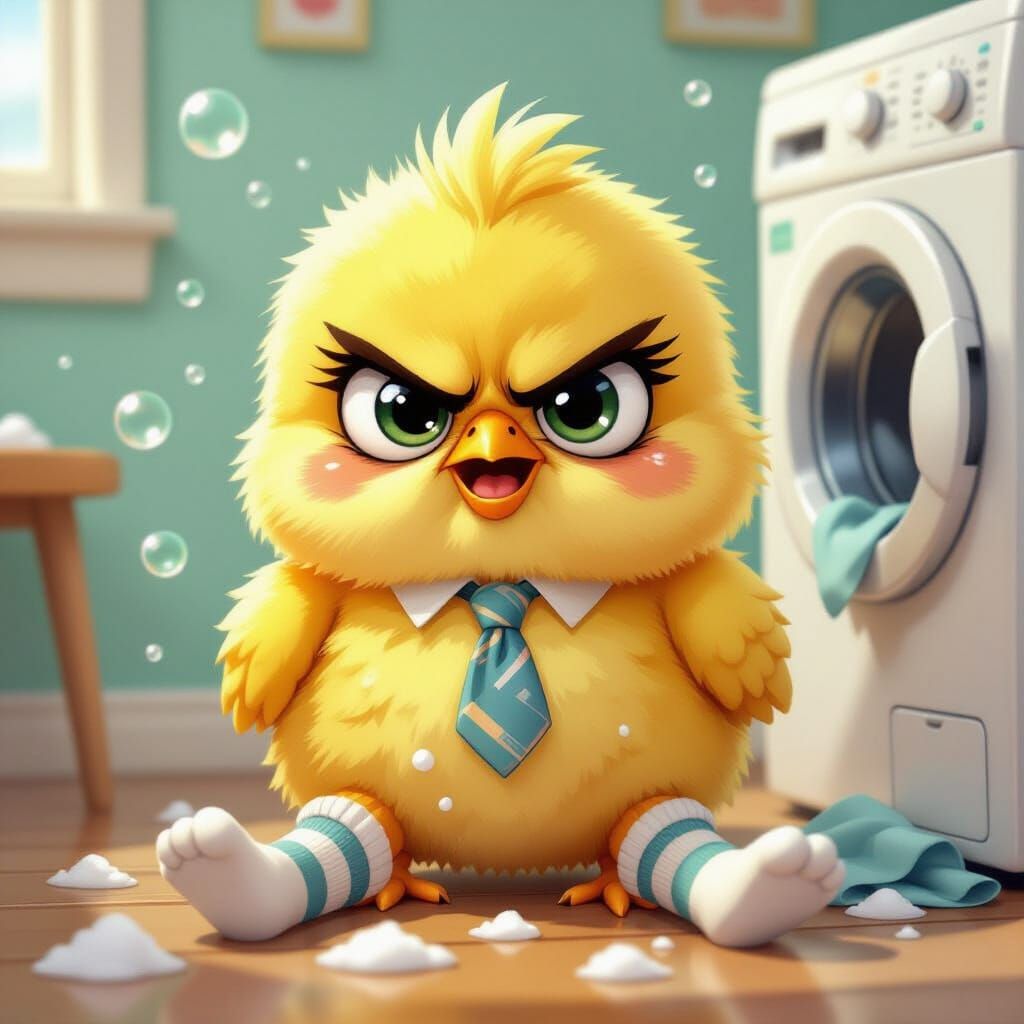 Angry Chick in Laundry: Kawaii Digital Art