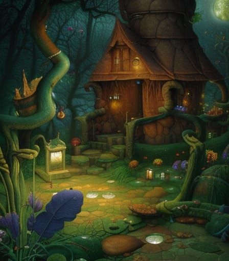 Magical Wizard's Hut in Swamp, Detailed Illustration