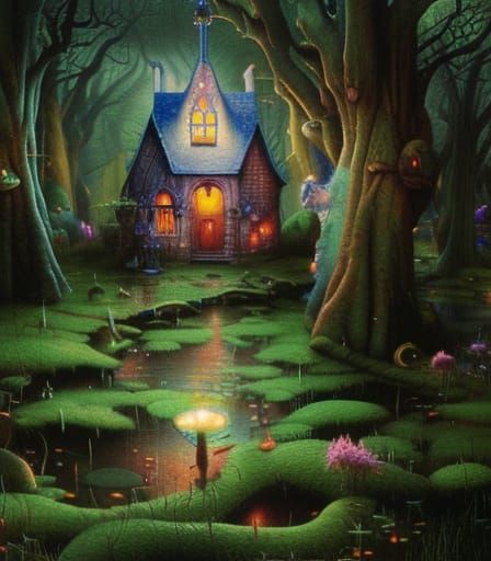 Magical Wizard's Hut in Swamp, Detailed Digital Painting