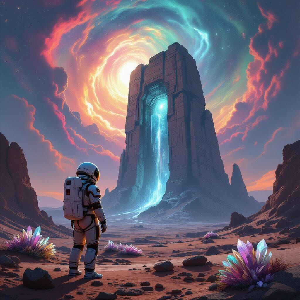 Astronaut Gazes at Pulsating Alien Ruin on Vibrant Nebula Pl...