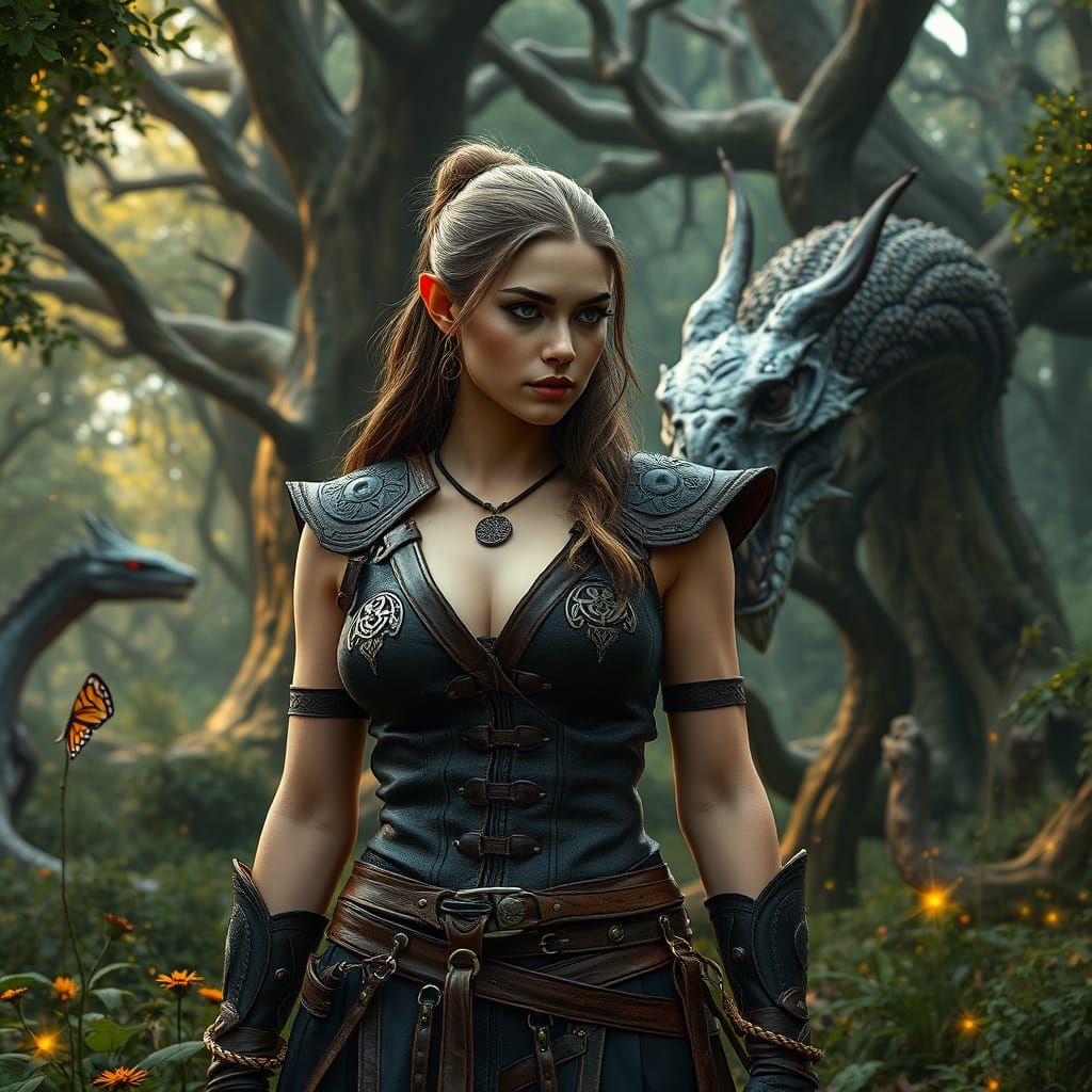 Elven Warrior Woman Embarks on Enchanted Picnic with Serpent...