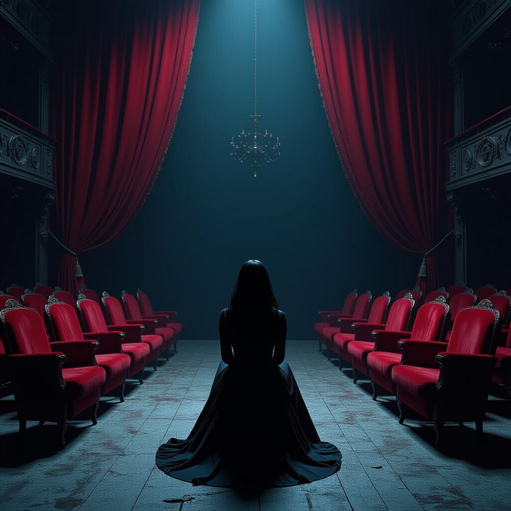 Ominous Figure in Gothic Theater, Dark Art Style