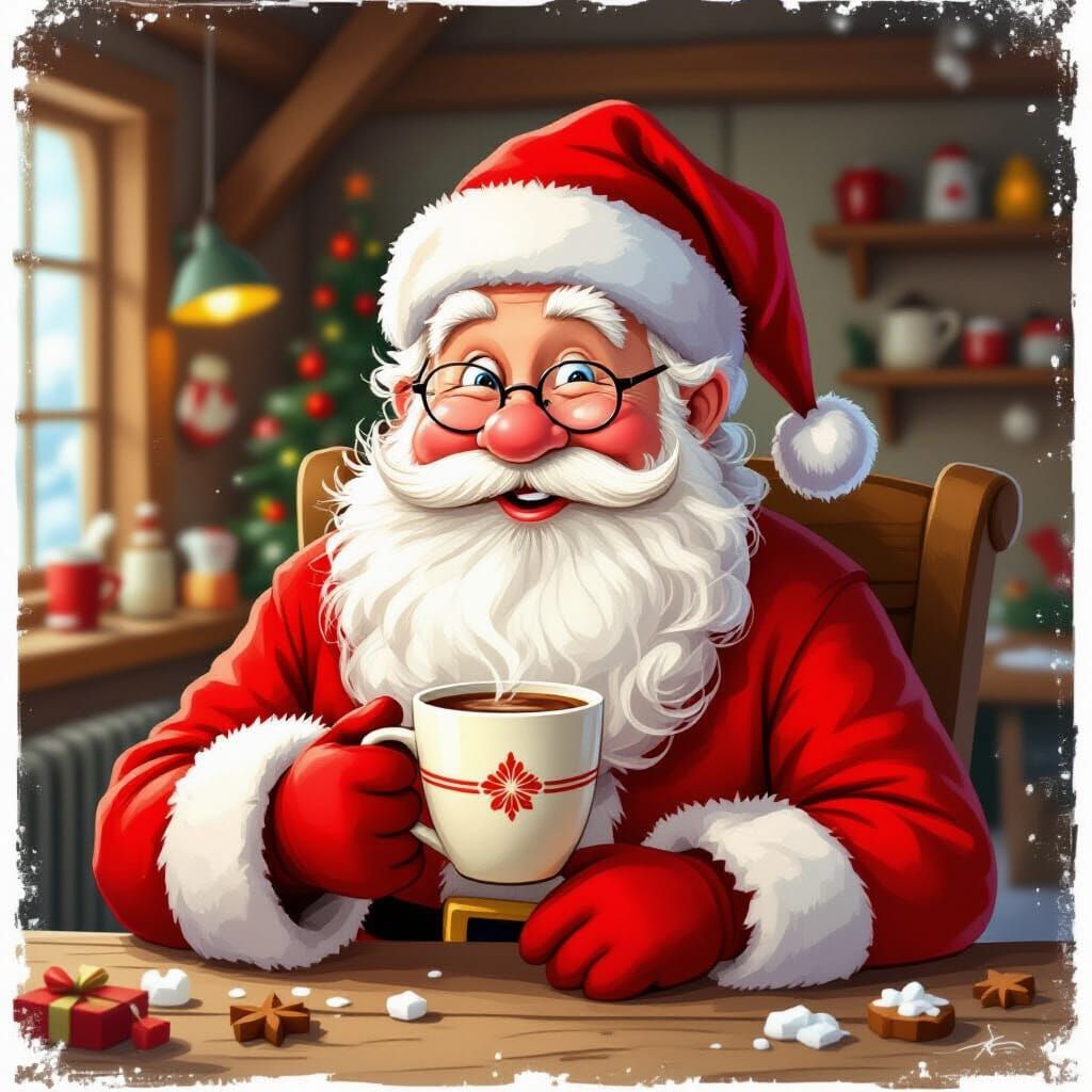 Santa Claus Caricature Enjoying Hot Chocolate