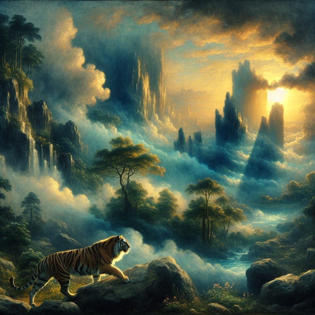 Tiger Emerges from Mist in Romantic Landscape