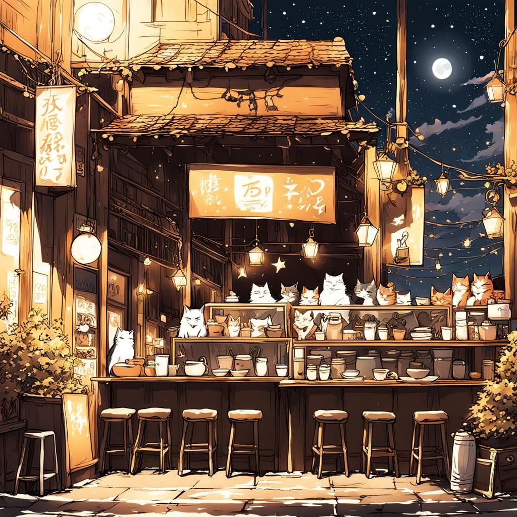 Night Cat Cafe in Anime Style