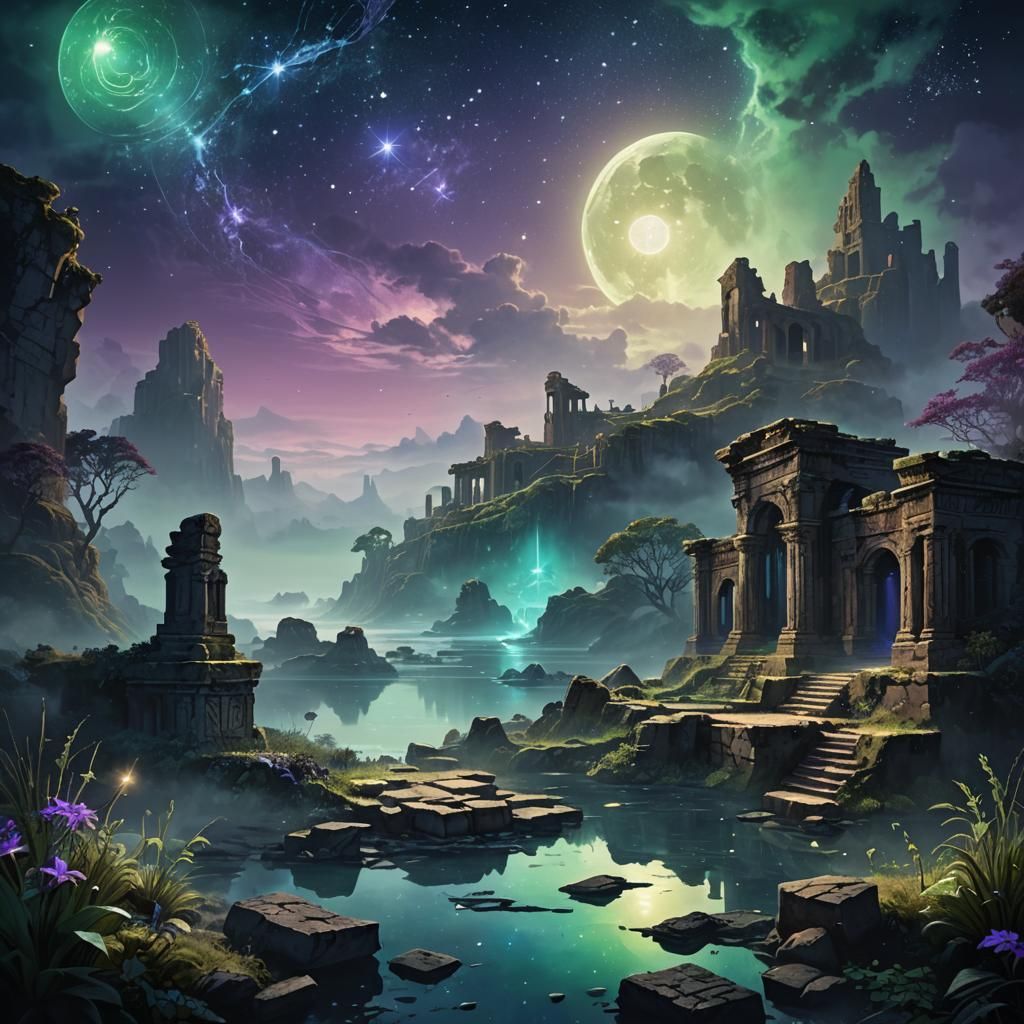Celestial Dark Fantasy Landscape with Fallen Stars