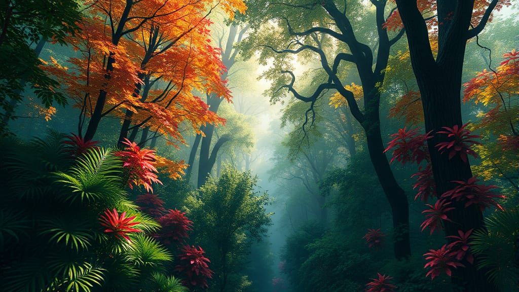 Robin in Sunlight Dappled Colorful Forest