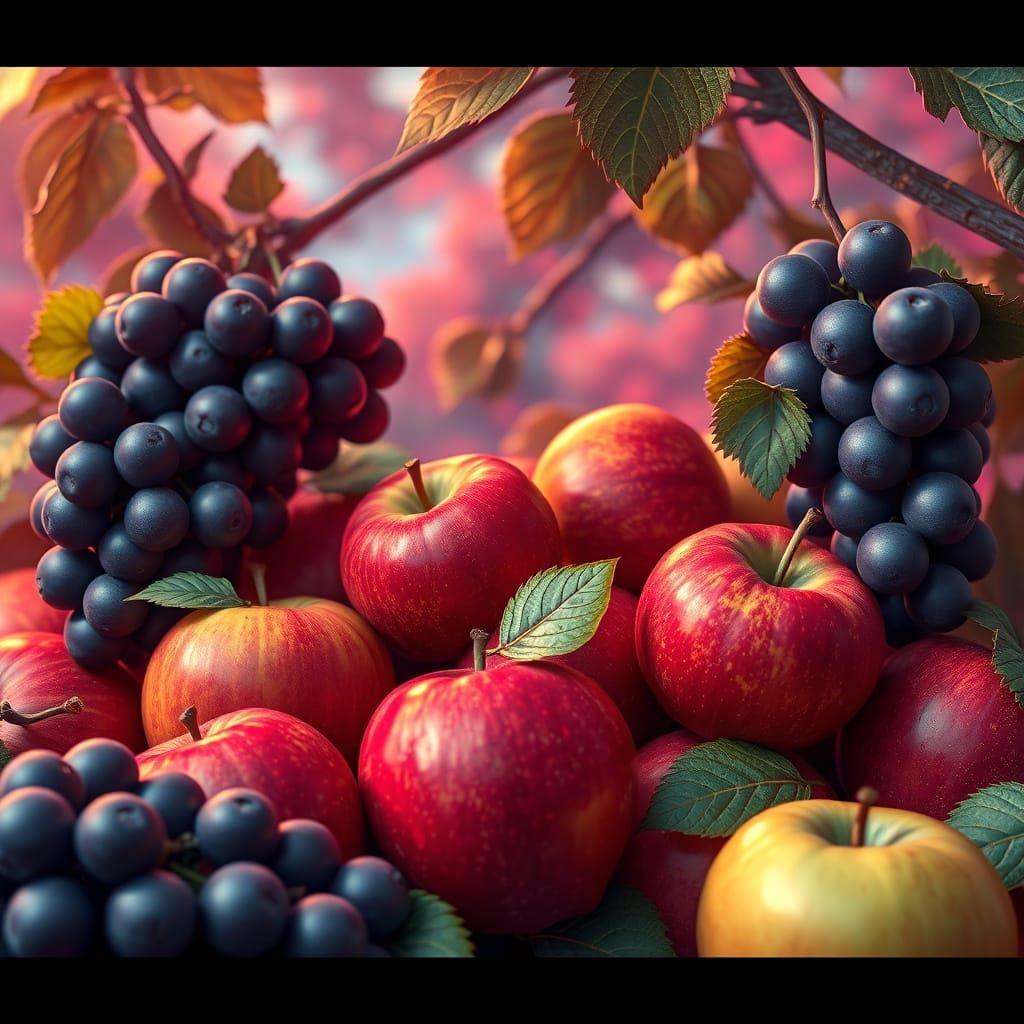 Vibrant Apples and Grapes in Dreamlike Fantasy Art
