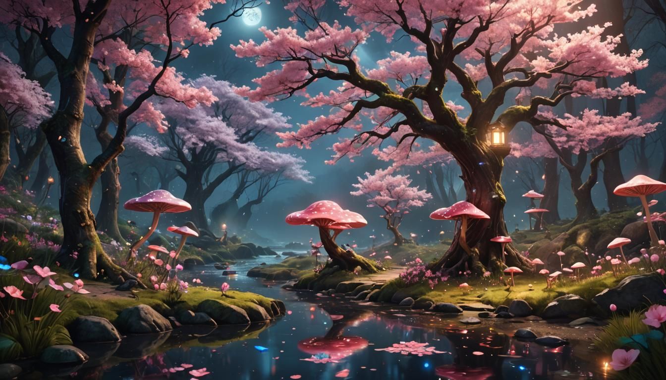 Enchanted Magical Woods at Night in Detailed Matte Painting