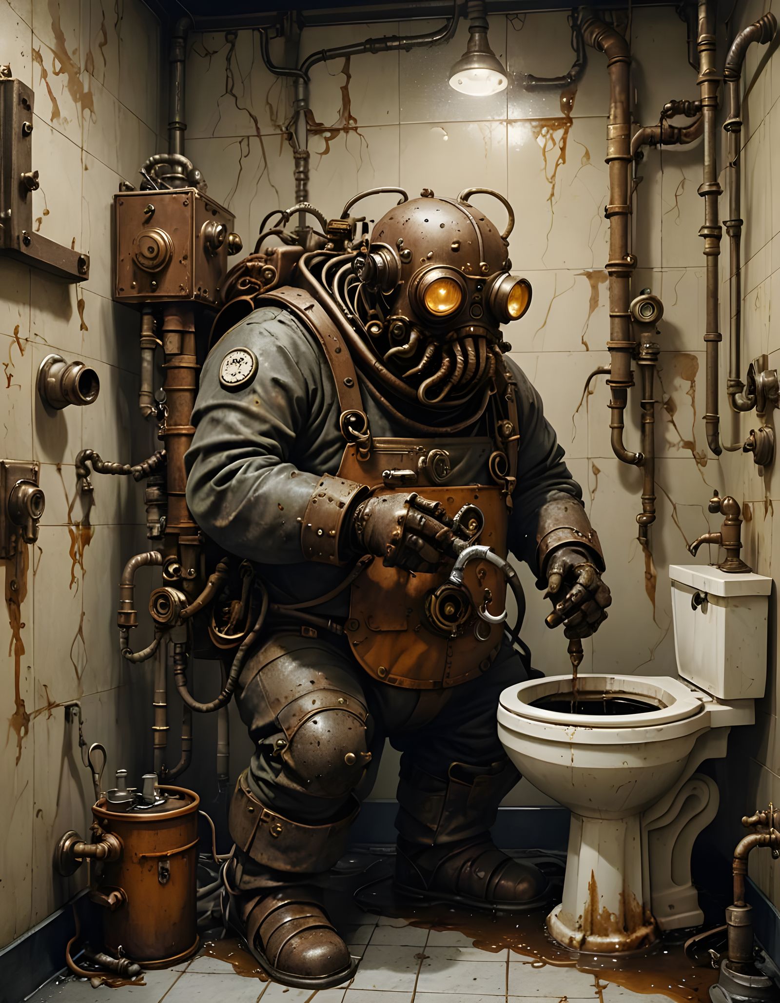 Hyperreal Steampunk Robot Plumber in Frenzied Fix