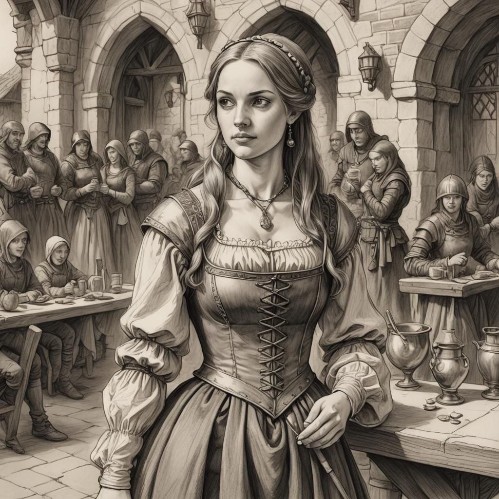 Pencil Sketch of Medieval Fantasy Serving Wench