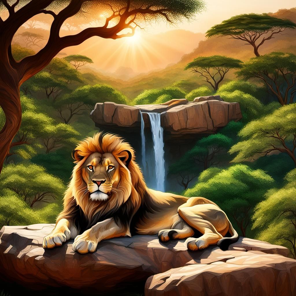 Lion in Golden Light on Safari Rock