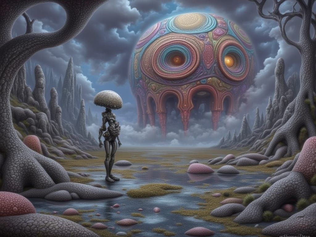 Surreal Giant Whispers in Misty Landscape