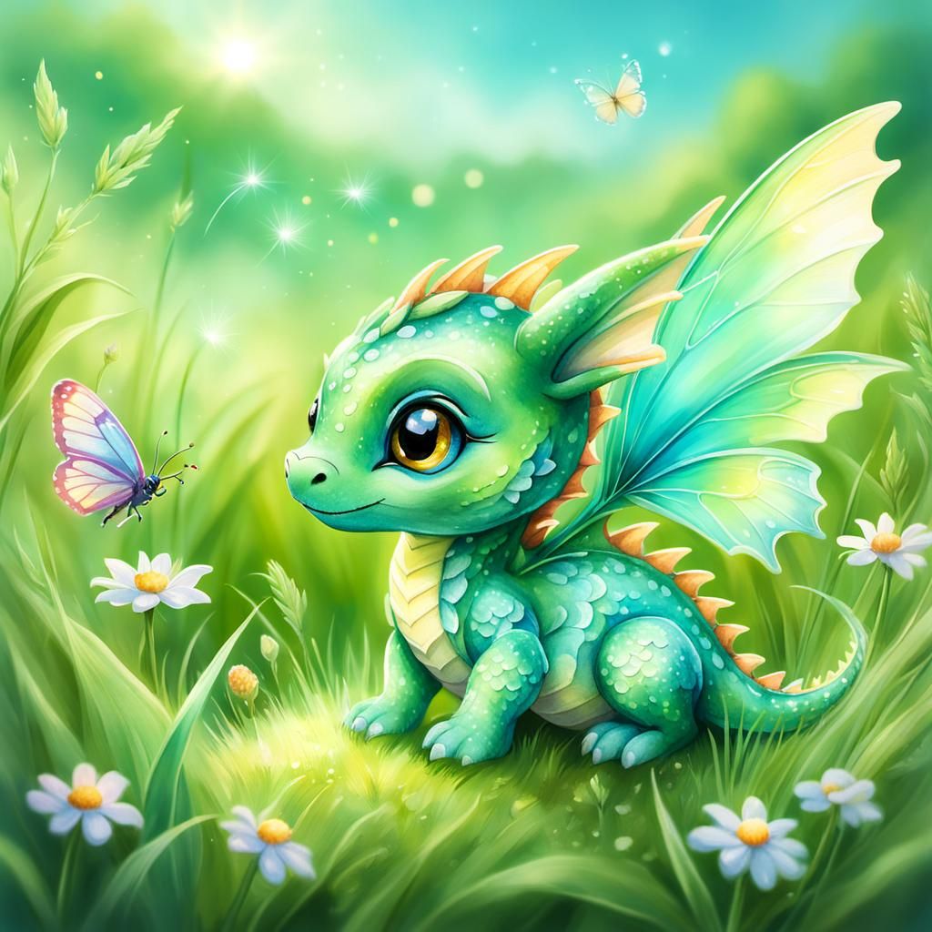 Baby Dragon and Butterfly in Watercolor Meadow
