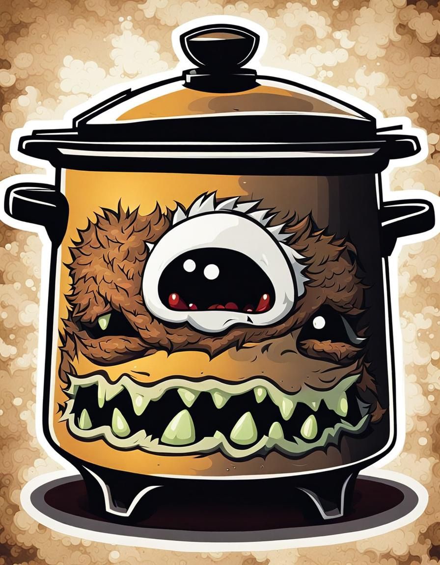 CHIBI-Crockpot monster its appearance is a blend of a vintage crockpot and a terrifying horror creature