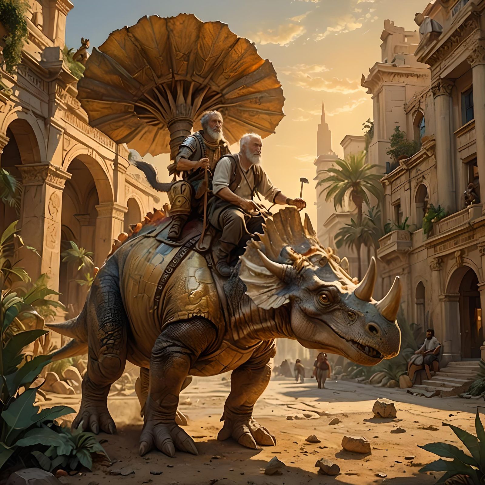 Greek Rides Triceratops in Dinotopia-Style Art