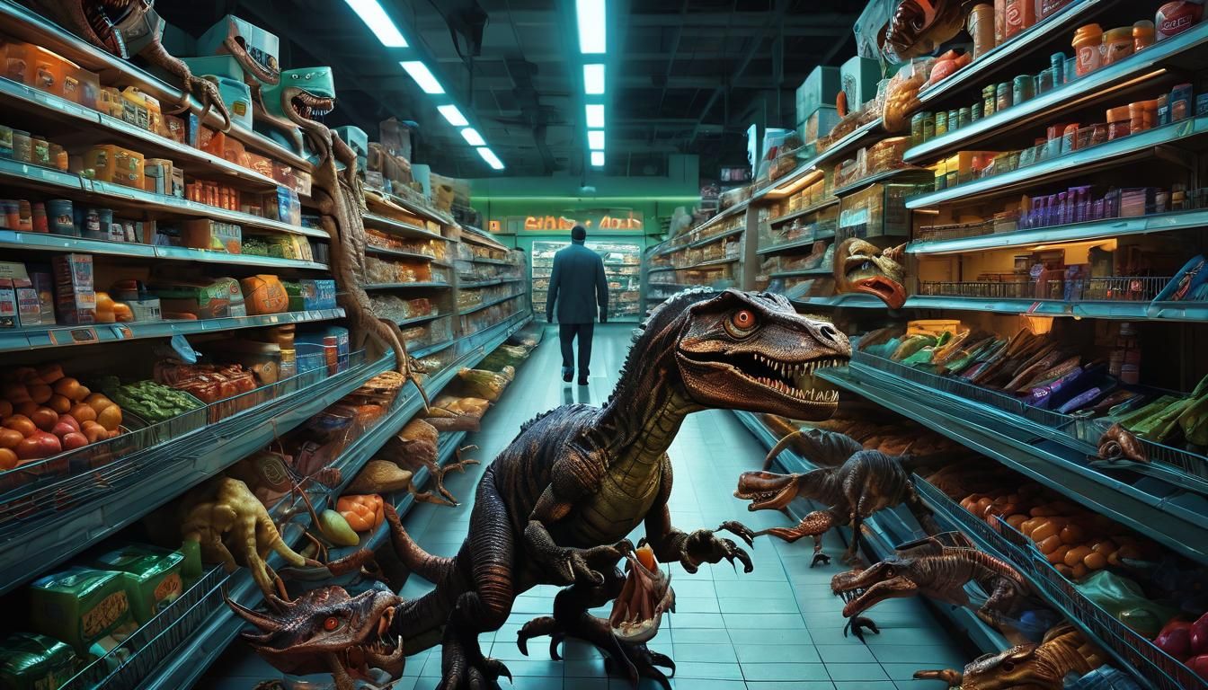 Surreal Grocery Store Nightmare with Velociraptor Aliens
