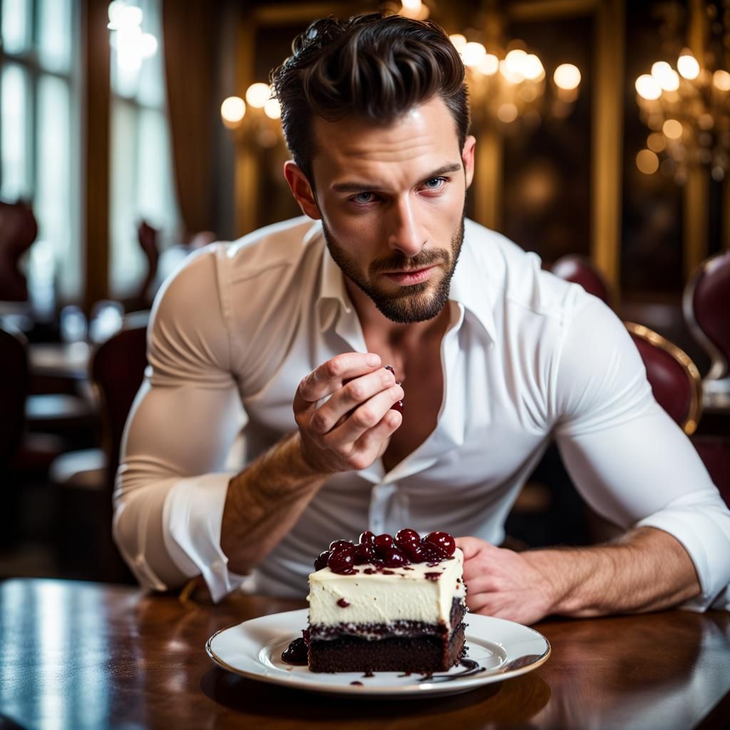 Man Eating Cake in Opulent Cafe: Photography