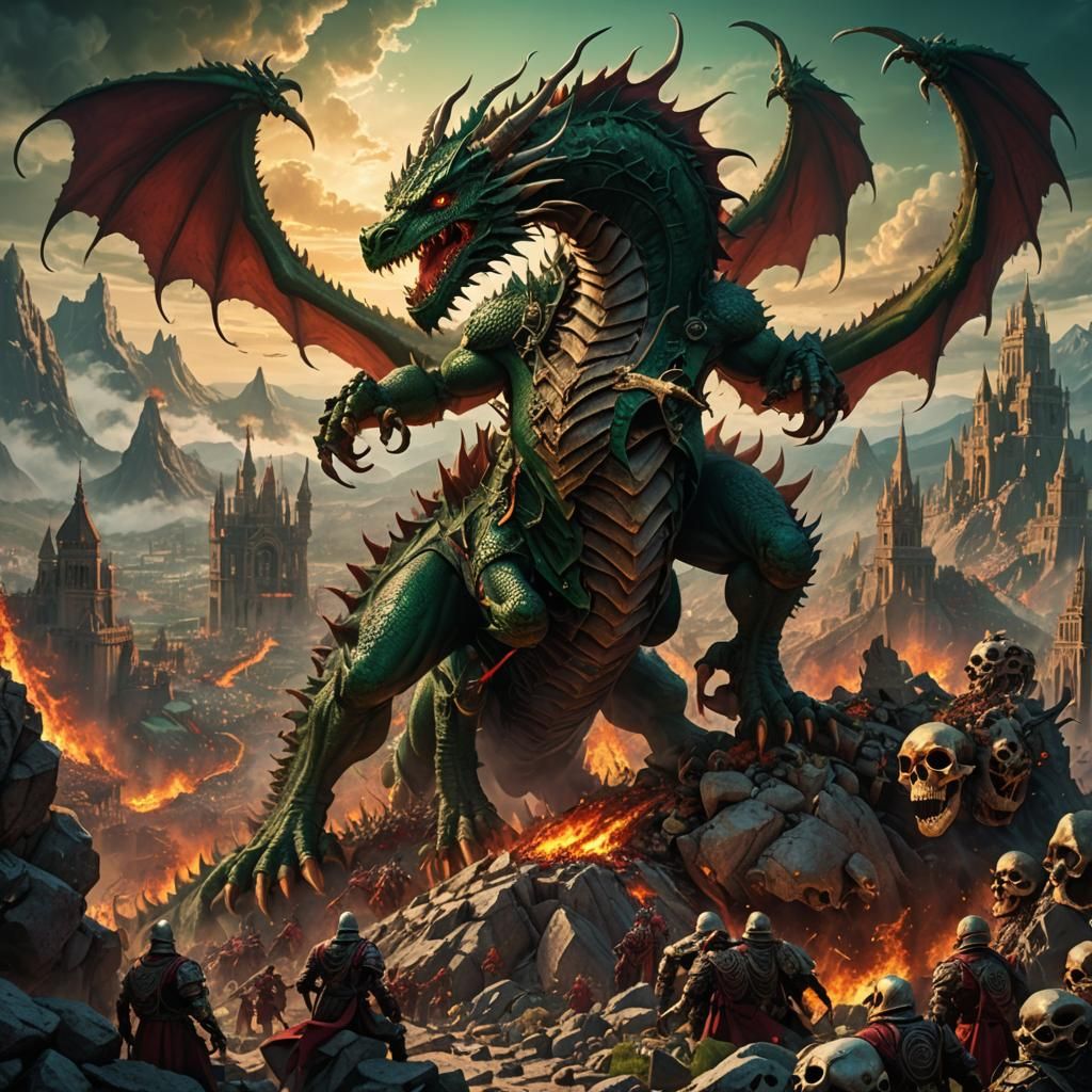 Dragon Overlooking Skeleton Army in Burning City