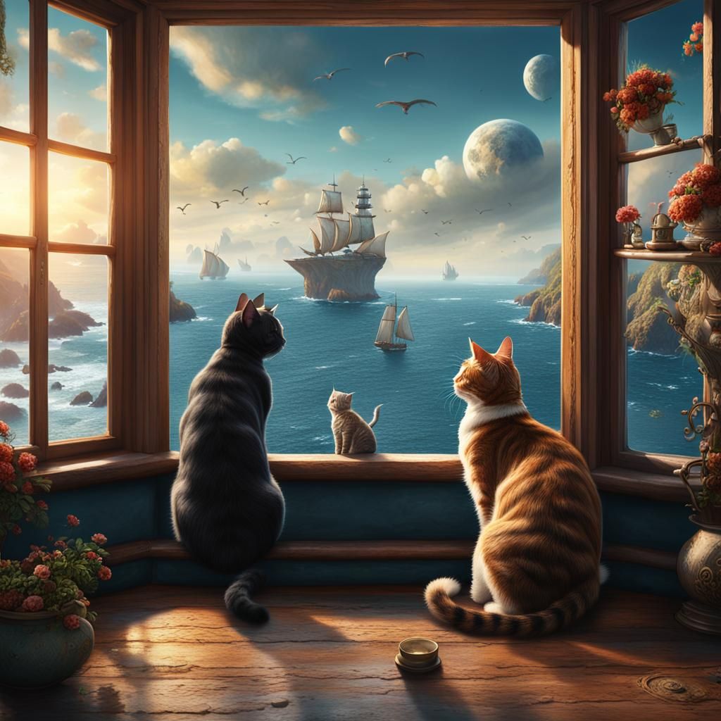 Cats in Windowseat: Detailed Matte Painting