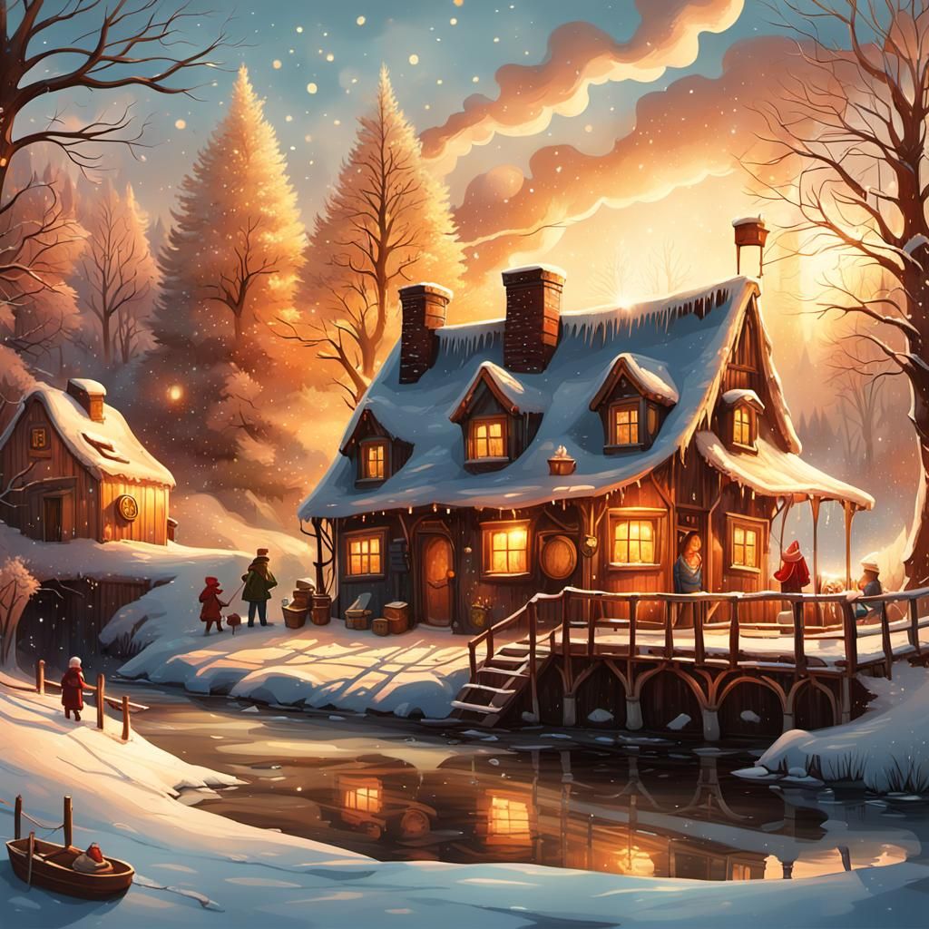 Steampunk Cottage Scene on Frozen River at Golden Hour