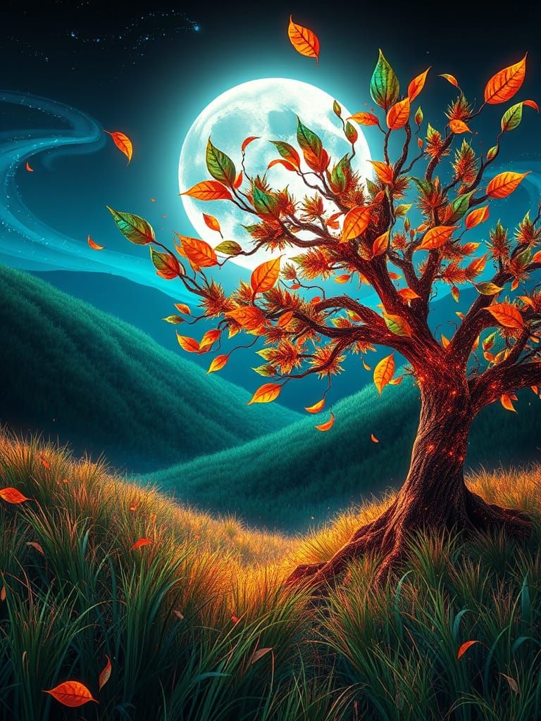 Surreal Futuristic Tree Dances Under Bioluminescent Moonligh...