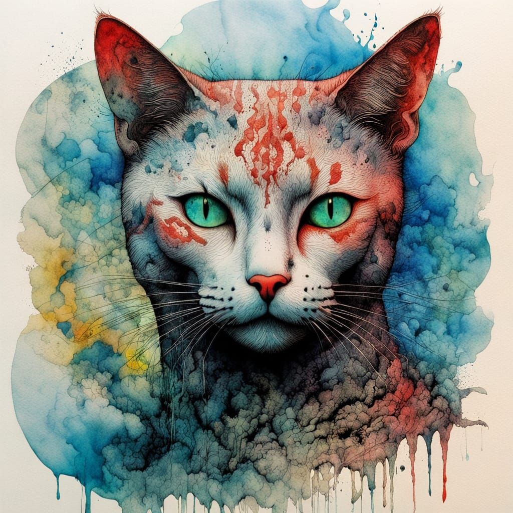 Whimsical Surreal Cat in Watercolor Pop Art