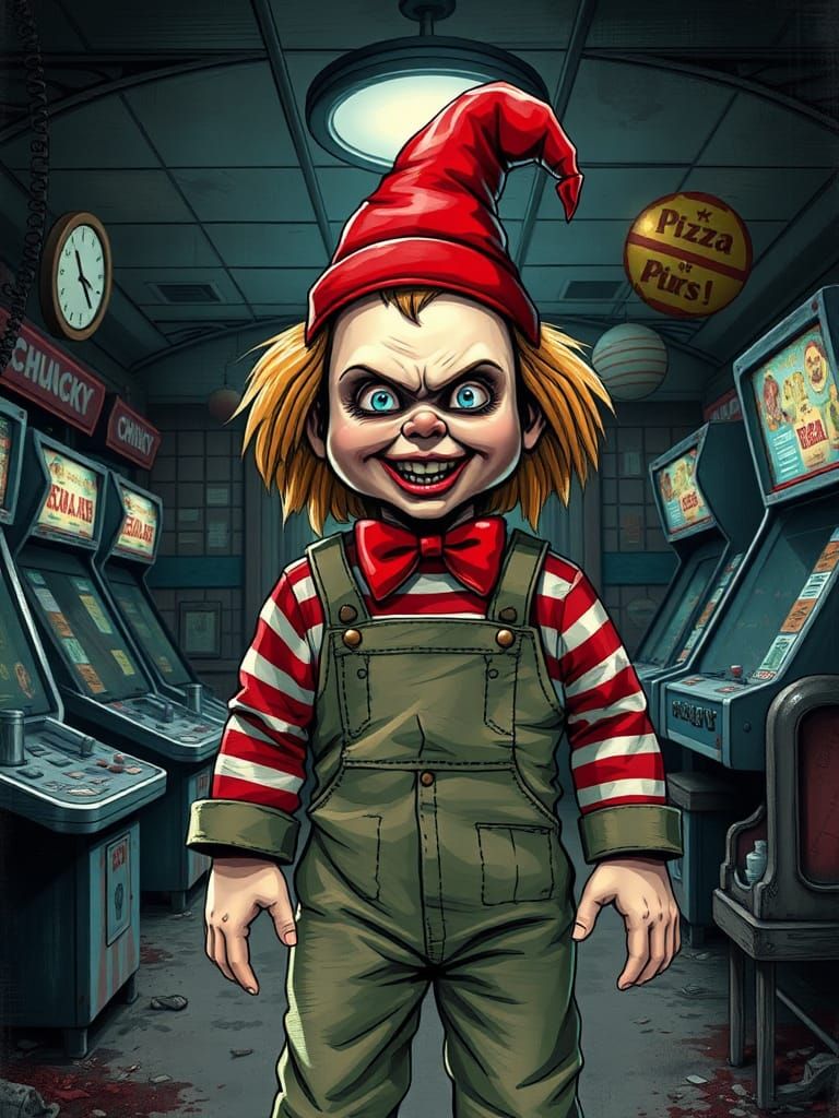 Chucky as Chuck E. Cheese in Dark Horror Style