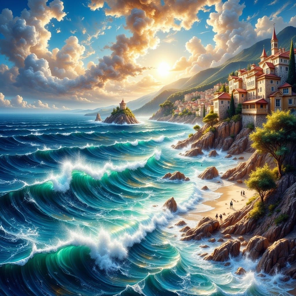 Colorful Seaside Village with Crashing Waves