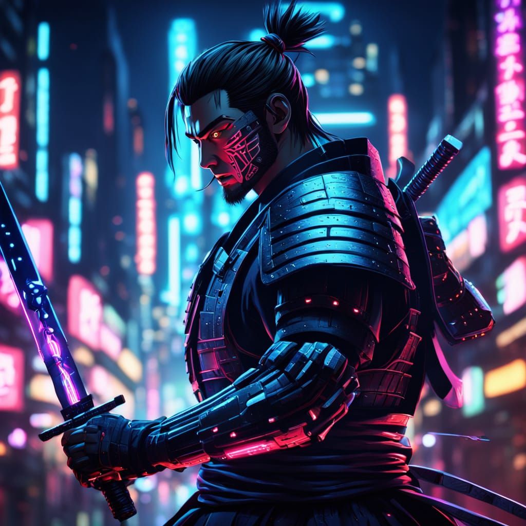 Samurai vs Cyborg in Vibrant Anime Art Style