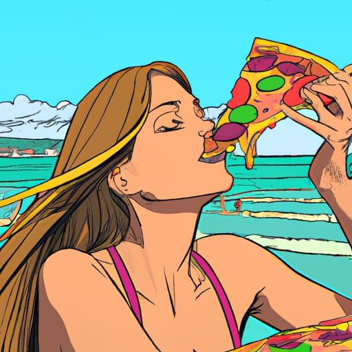 Woman Eats Pizza at the Beach in Comic Book Style