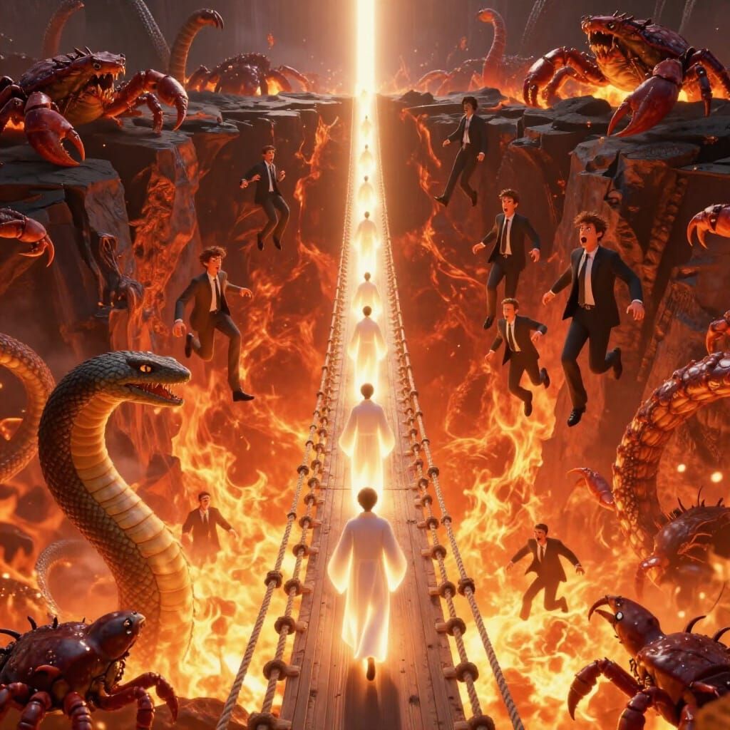 Rope Bridge Over Fiery Abyss in Cinematic 3D Style