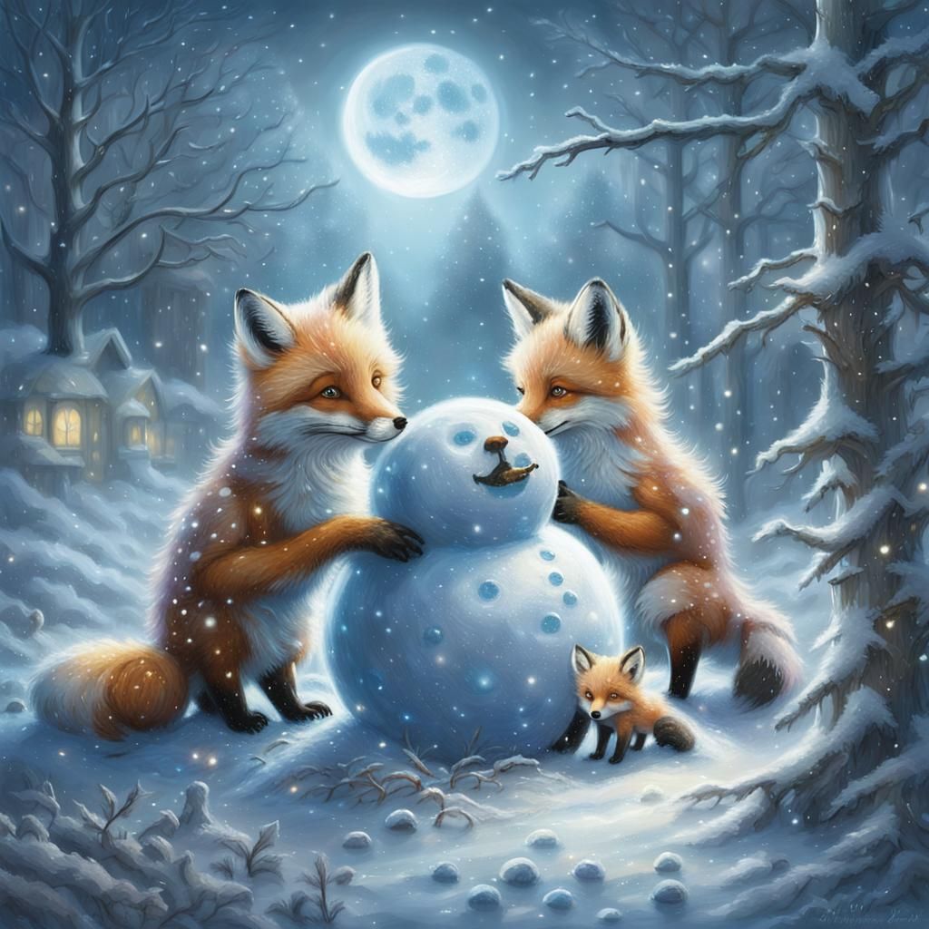 Foxes Build Snowman in Ethereal Winter Forest