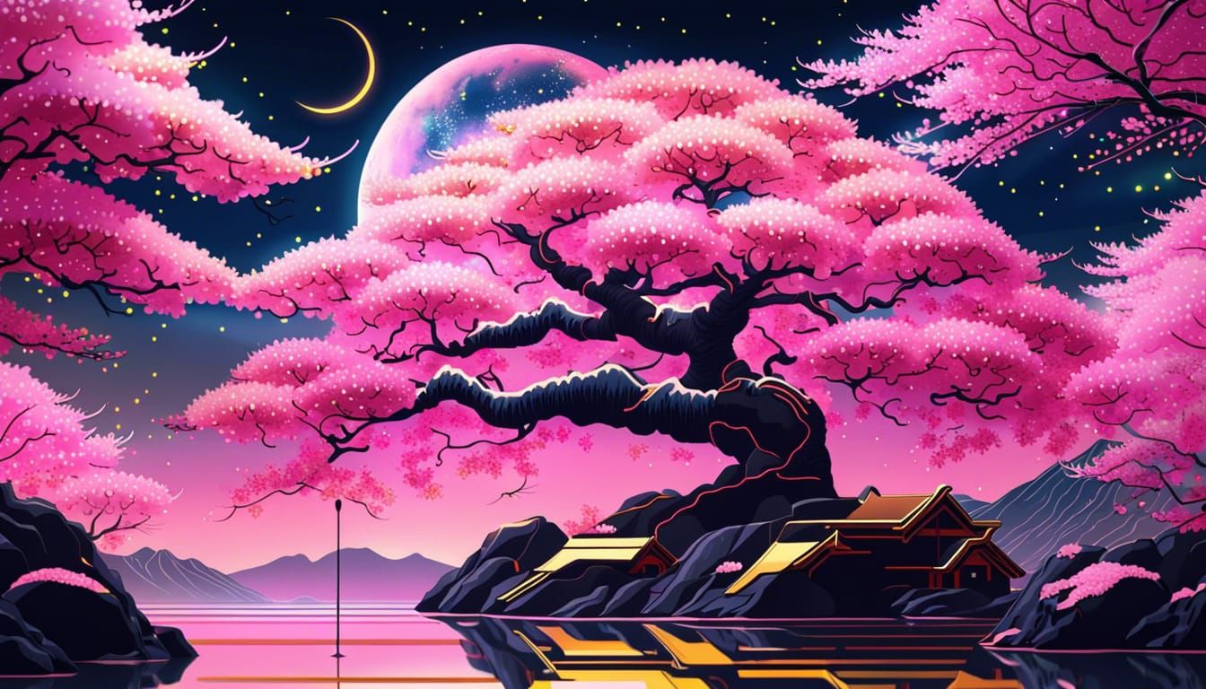 Futuristic Japan Cherry Blossoms in Vaporwave Style