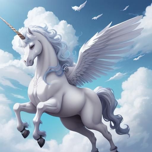 White Winged Unicorn in Anime Style Flying