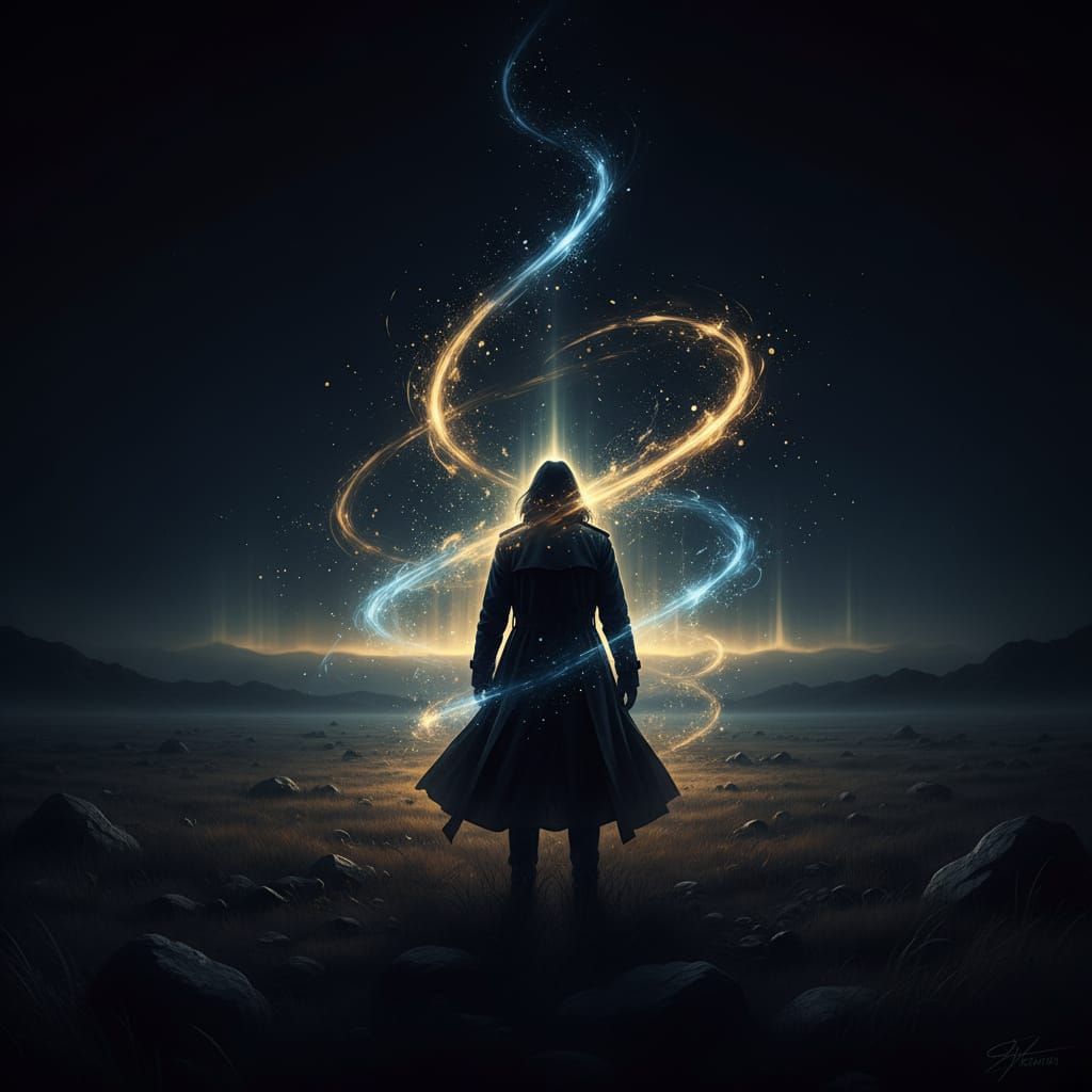 Lone Figure in Dark Field with Glowing Energy Particles