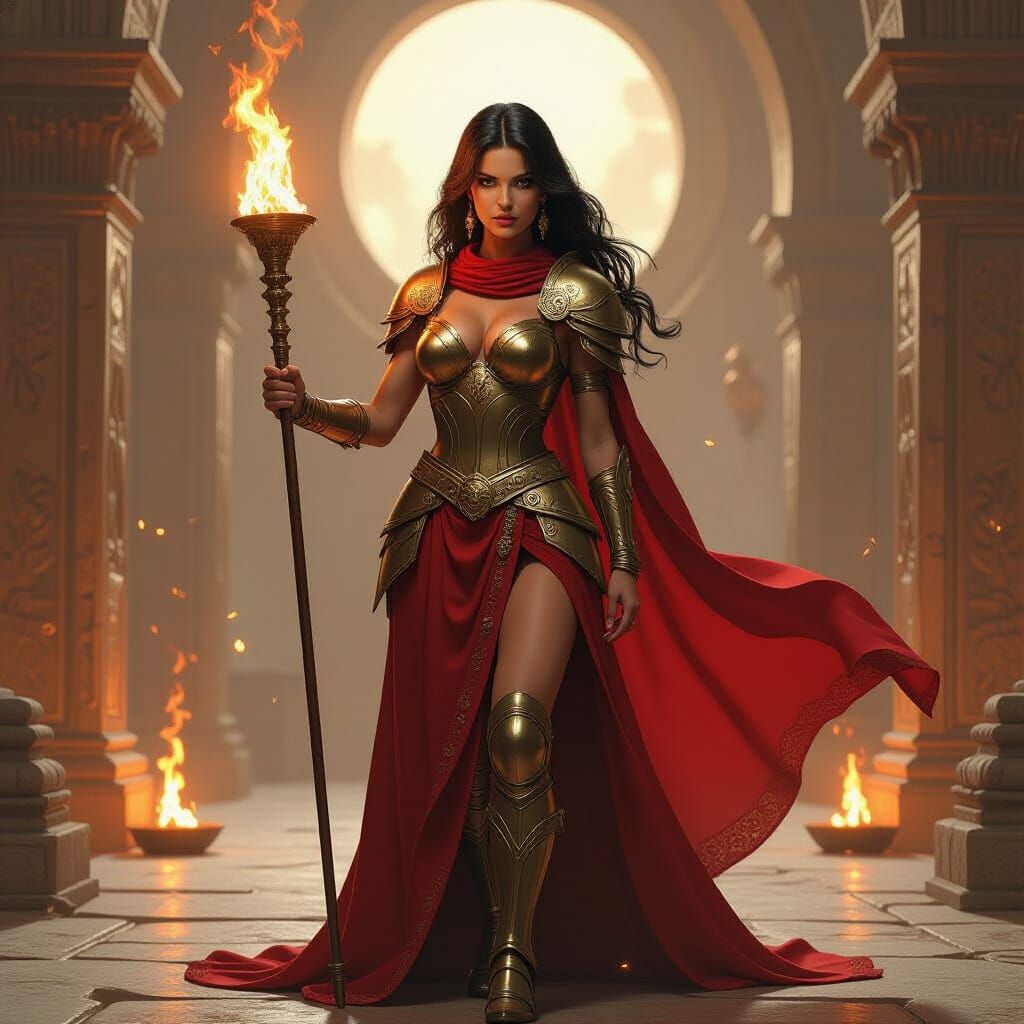 Warrior Priestess of Fire in Ancient Temple
