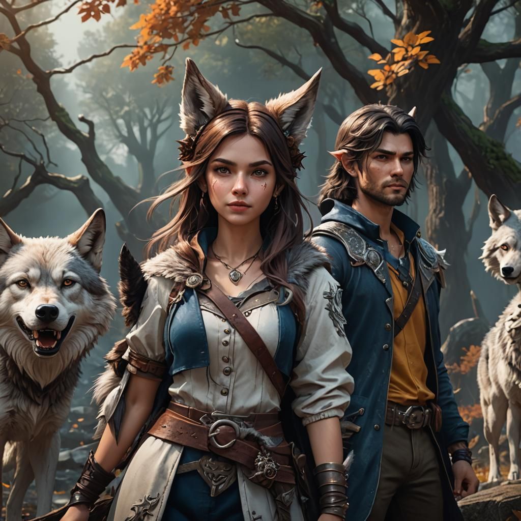 Fantasy Couple with Wolf Features, Detailed Digital Art