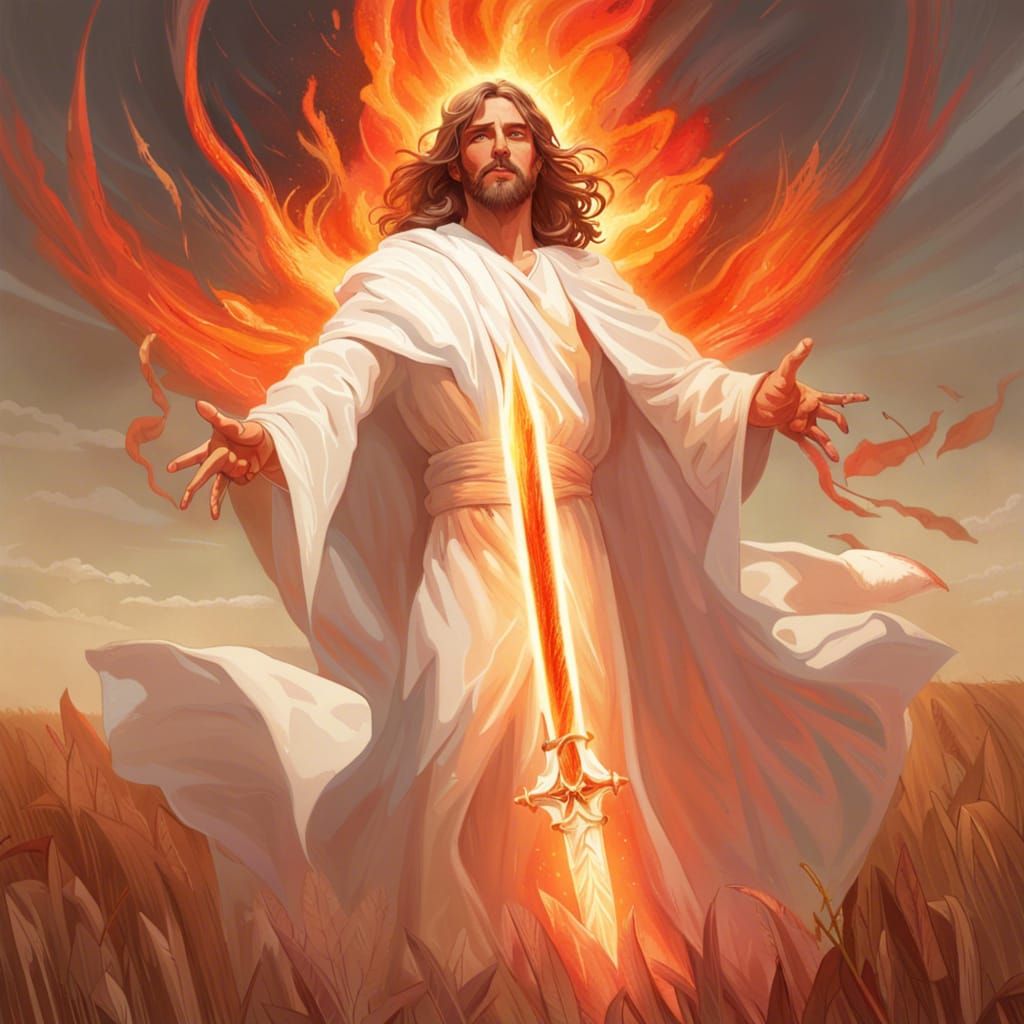 Jesus Christ Battles Devil with Flaming Sword