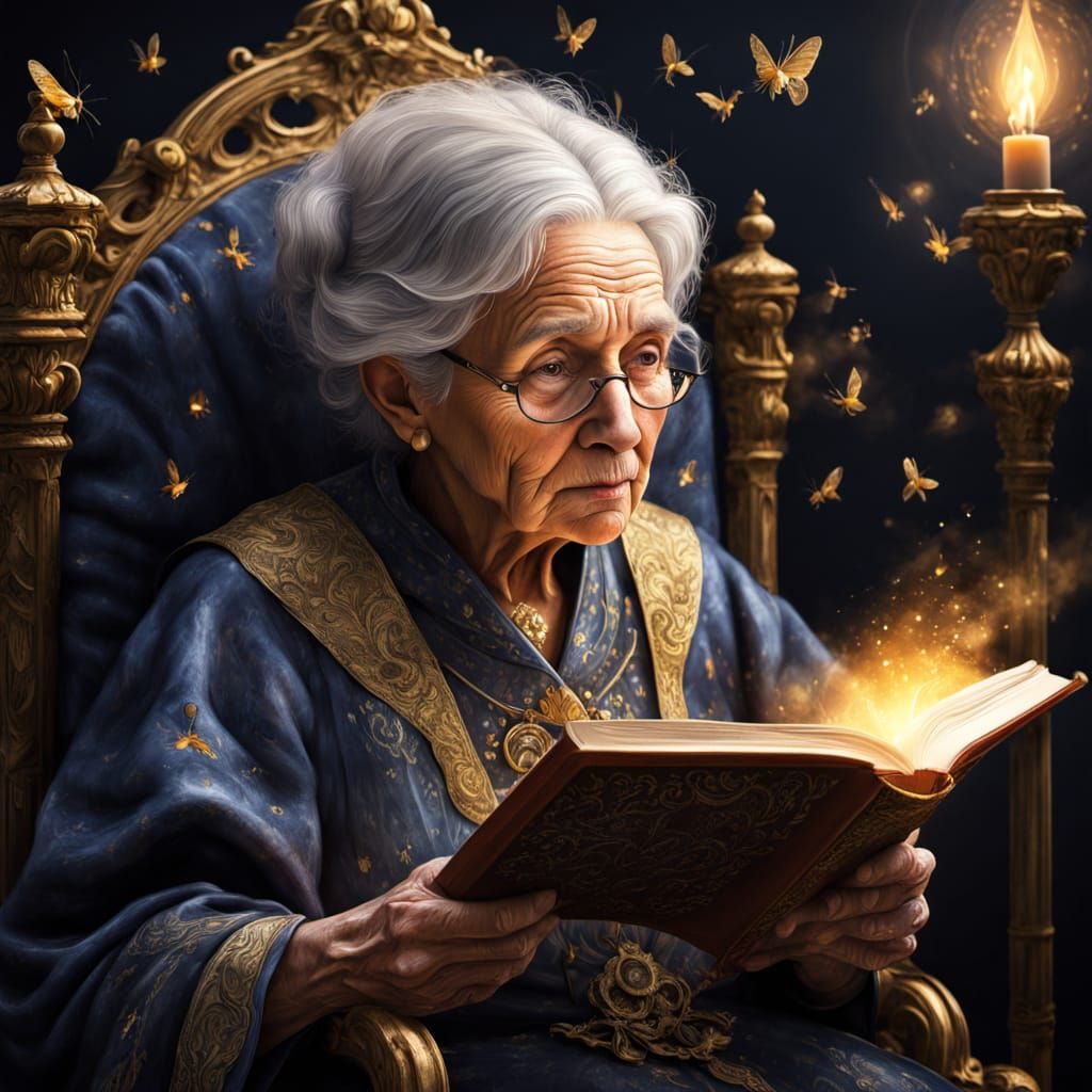 Old Woman Reading on Throne as Art Nouveau Oil Painting