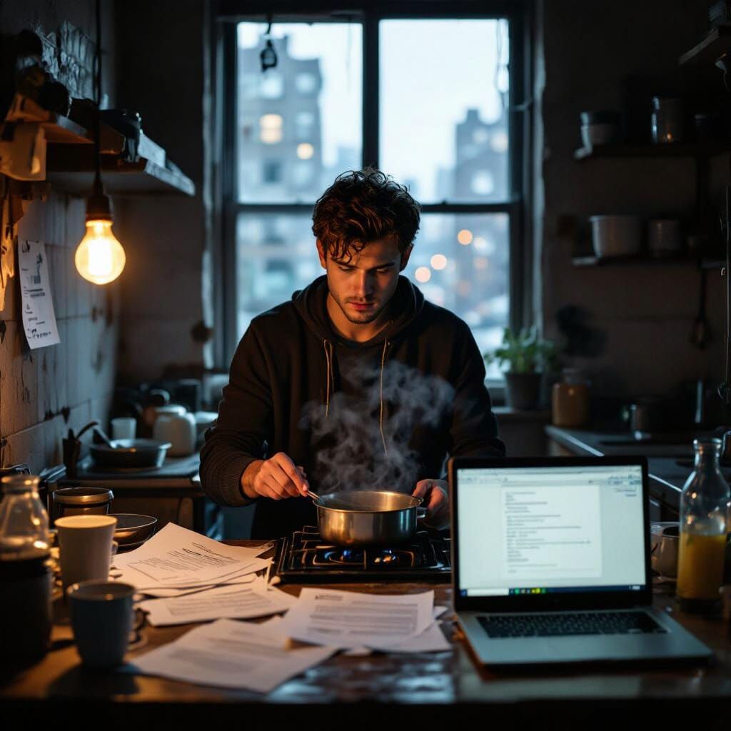 Man Cooking in Dim Apartment, Urban Struggle