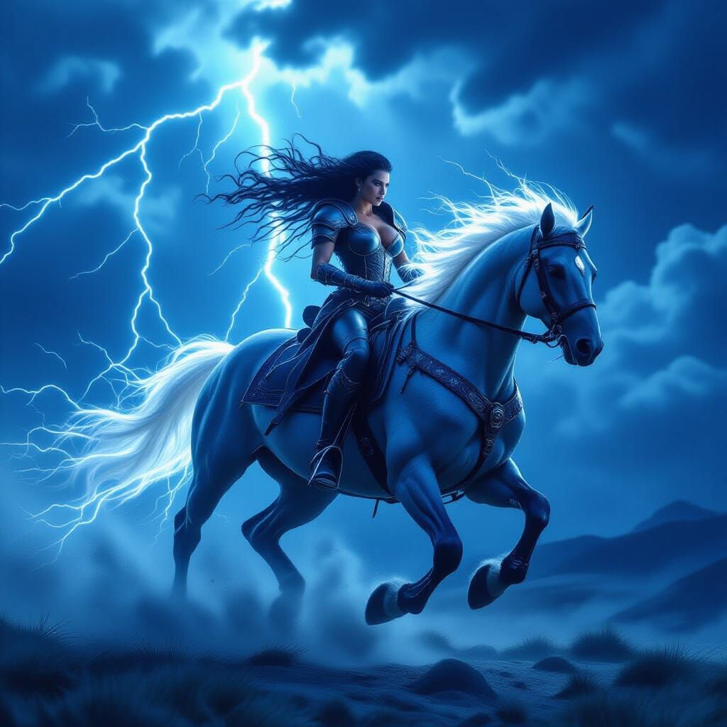 Woman Rides Lightning Horse in Stormy Sky
