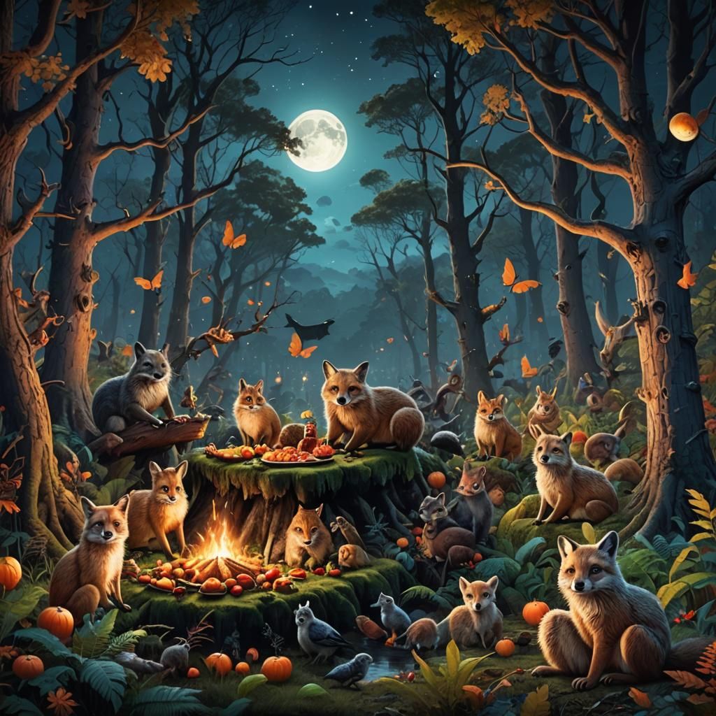 Adorable Forest Animals Celebrate with Midnight Feast