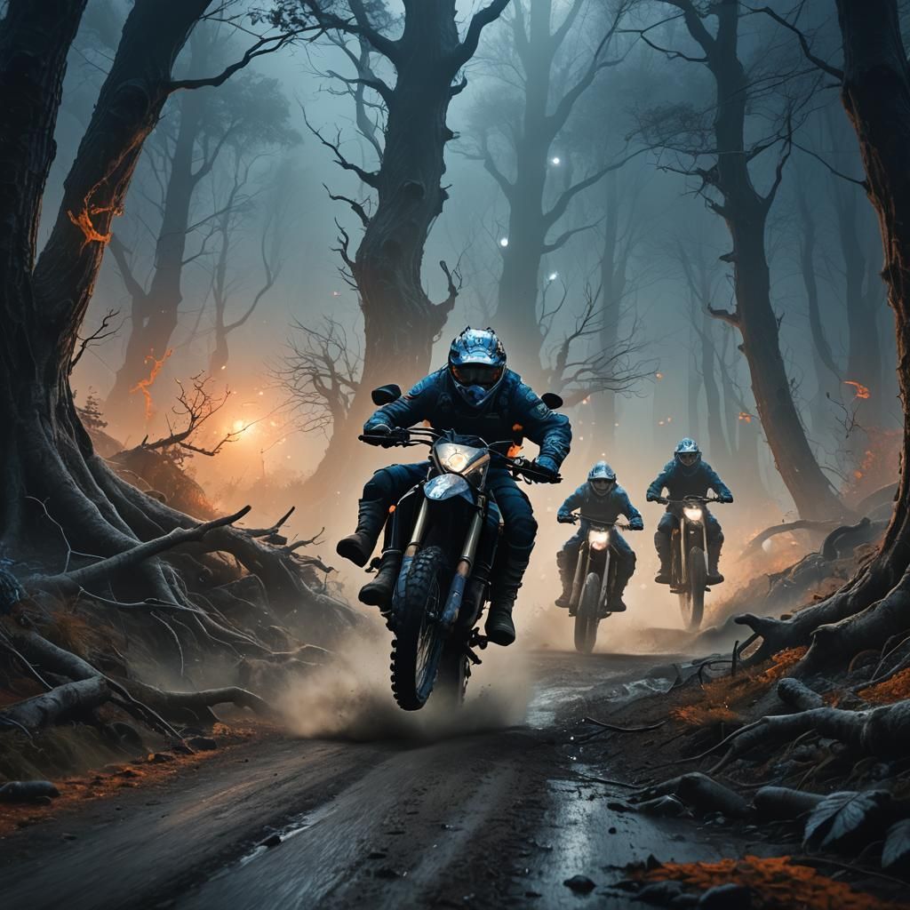 Dirtbikes and Wolves in Dark Fantasy Forest