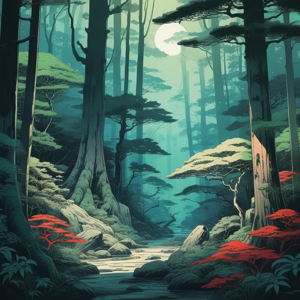 Ancient Forest Scene in Ukiyo-e Style