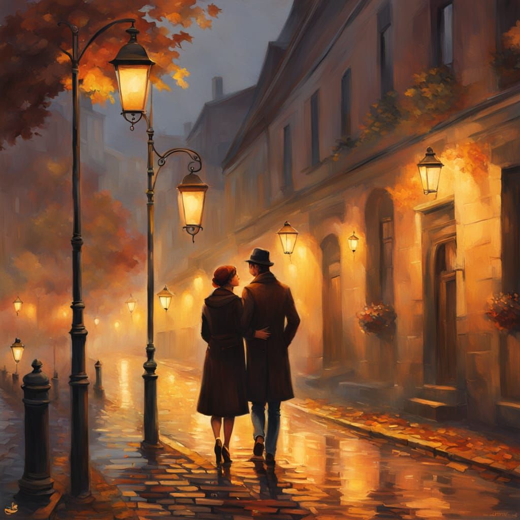 Romantic Couple Embrace in Impressionist Cityscape