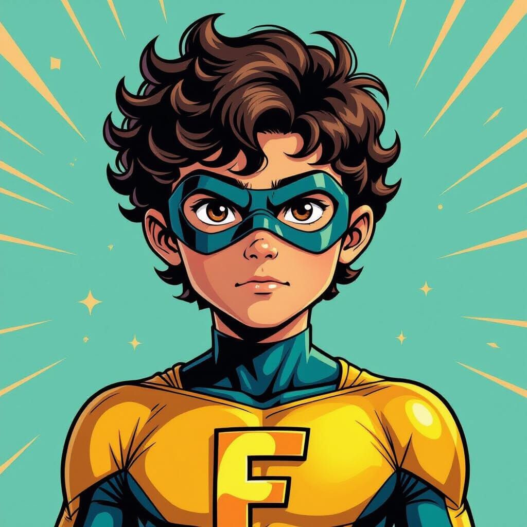 Comic Style Portrait of a Boy with Golden F Emblem