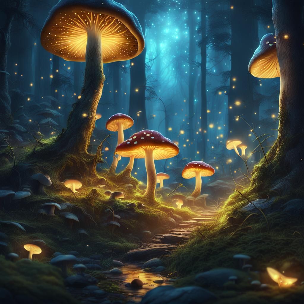 Enchanted Forest with Glowing Mushrooms, Fantasy Art