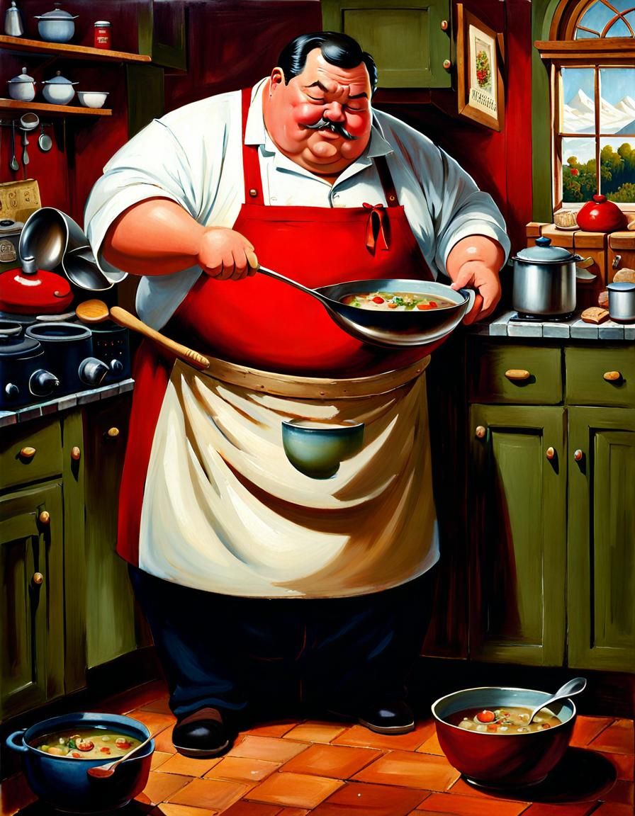 Chubby Chef Tasting Soup: Detailed Matte Painting