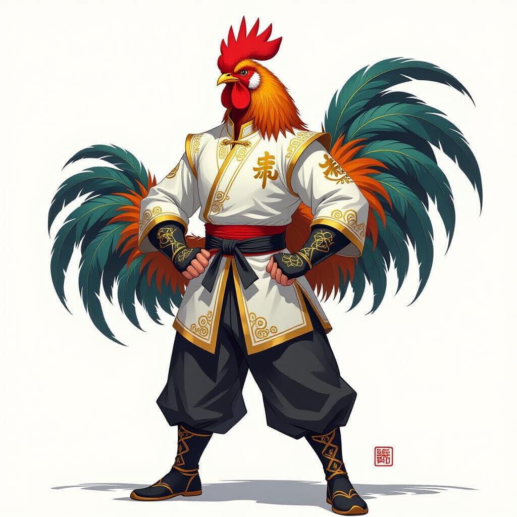 Proud Rooster Warrior in Kung Fu Uniform
